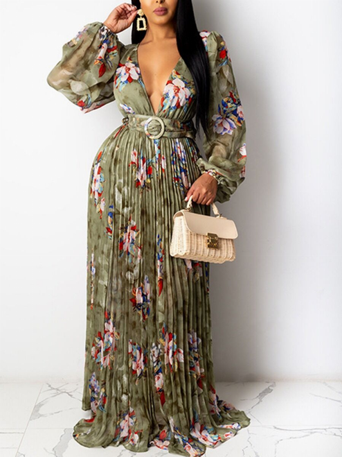 V COLLAR BELTED SHEER SLEEVE FLORAL PRINT PLEATED