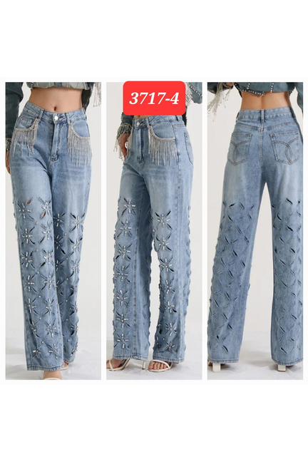 Crystal Pits Fringe Denim Long Pants