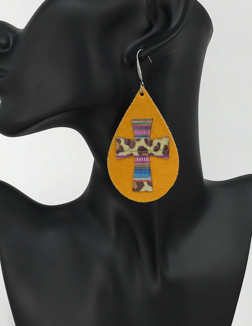 Mustard Suede and Embossed Leopard Leather Earrings 
