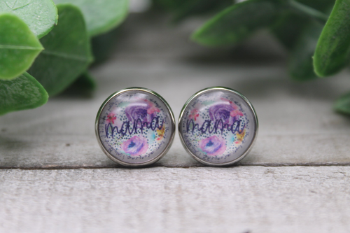 Mama Purple Floral  Glass Stud Earrings