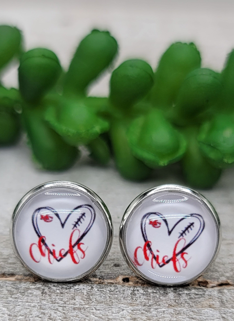 KC Chiefs Football - Heart || 12mm Glass Stud Earrings