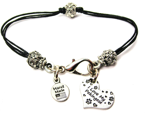 I Love My Pekingese Heart Pewter Beaded Black Cord Bracelet