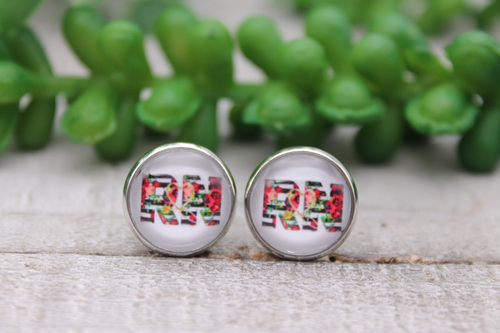 RN - Floral & Stripes || 12mm Glass Stud Earrings