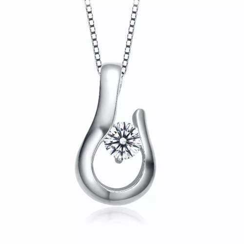 Collette Z Sterling Silver with Rhodium Plated Clear Round Cubic Zirconia Solitaire Hook Drop Necklace