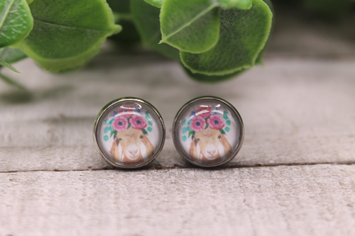 Floral Crown Goat  Glass Stud Earrings
