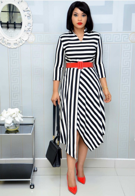 Striped V-Neck Long Sleeve Big Swing Dresses