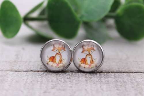 Floral Animated Red Fox || Glass Stud Earrings || Hypoallergenic