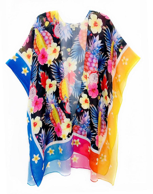 Multi Pineapple Tropical Two Tone Border Accent Kimono