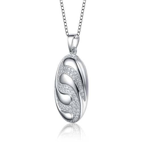 Collette Z Sterling Silver with Rhodium Plated Clear Round Cubic Zirconia Swirl Oval Pendant Necklace