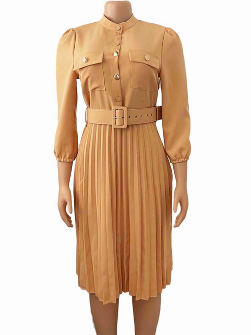 SOLID BUTTON PLEATED SHIRT DRESS WITH BELT