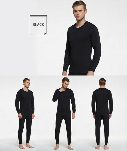 Men's Winter Thermal 100% Cotton Long Johns Top Bottom Set Black Color - X-L