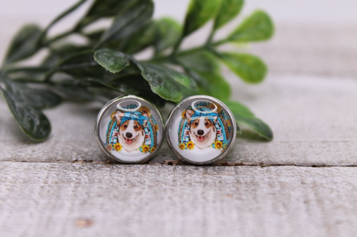 Corgi & Sunflower Rainbow || 12mm Glass Stud Earrings