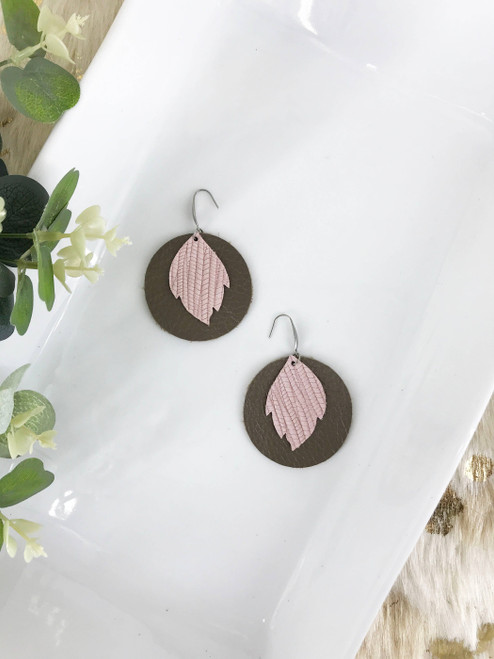 Peweter and Light Pink Leather Earrings 