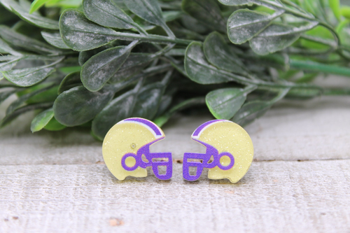 Yellow & Purple Glitter Football Helmets || 12mm Stud Earrings