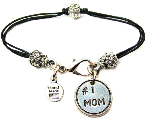 #1 Mom Pewter Beaded Black Cord Bracelet