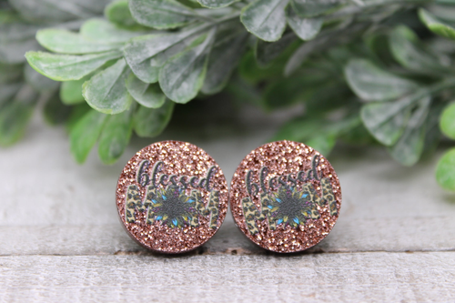 Blessed Mom Glitter Circle || 15mm Stud Earrings