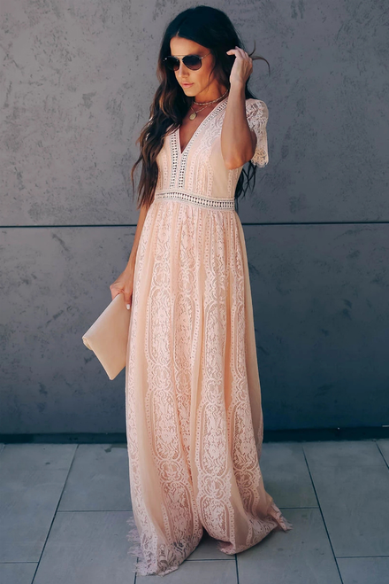 Soft Deep V Neck Short Sleeve Lace Dress
