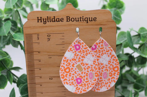 Orange Leopard Dunkin Coffee & Donuts || Teardrop Faux Leather Earrings || Hypoallergenic