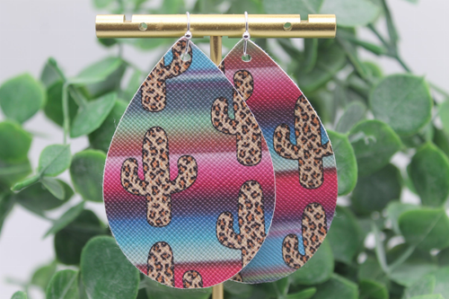Leopard Cactus on Serape 2 Teardrop Faux Leather Earrings | Hypoallergenic