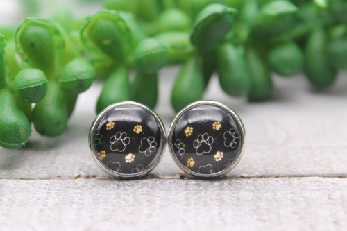 Paw Prints on Black || Glass Stud Earrings || Hypoallergenic