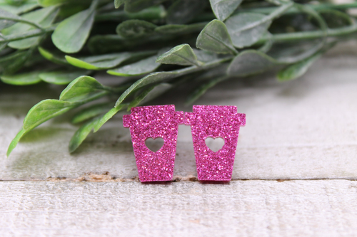 Pink Glitter Coffee Cup with Heart || 14mm Stud Earrings