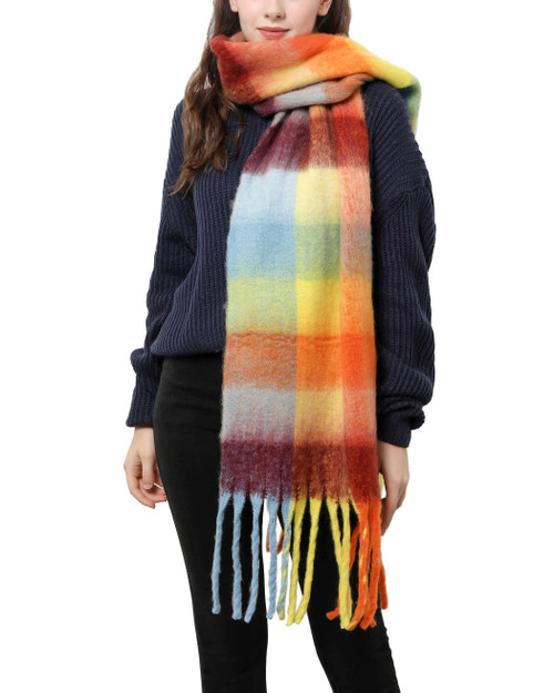Burgundy- Plaid Long Fringe Blanket Scarf