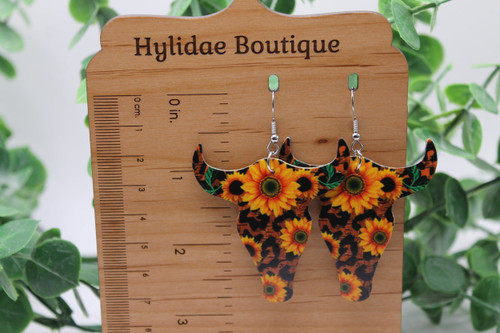 Sunflowers & Leopard Steer Skull || Double-Sided Faux Leather Earrings || Hypoallergenic
