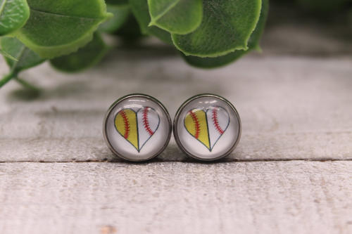 Softball/Baseball Heart  Glass Stud Earrings