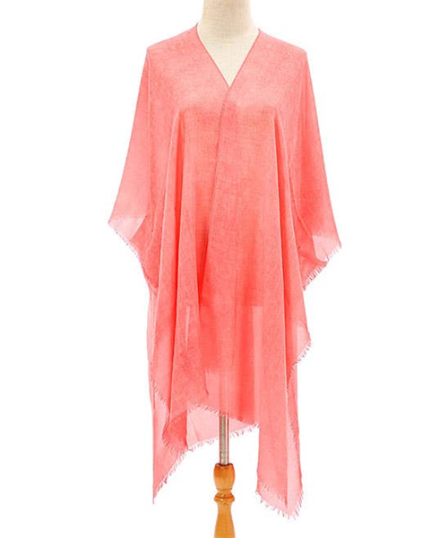 Coral Stonewash Solid Fringe-Trim Kimono