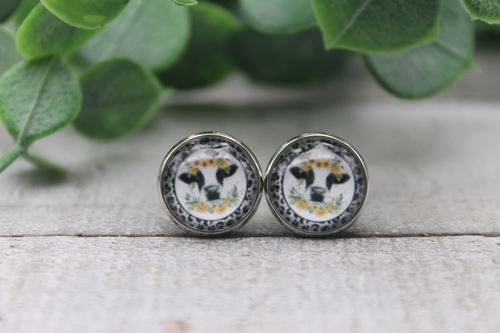 Sunflower Cow with Cow Hide Circle  Glass Stud Earrings