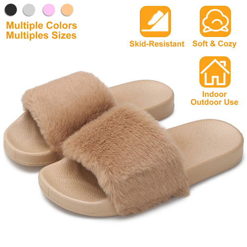 Women Faux Fur Slippers Open Toe Indoor Outdoor 
