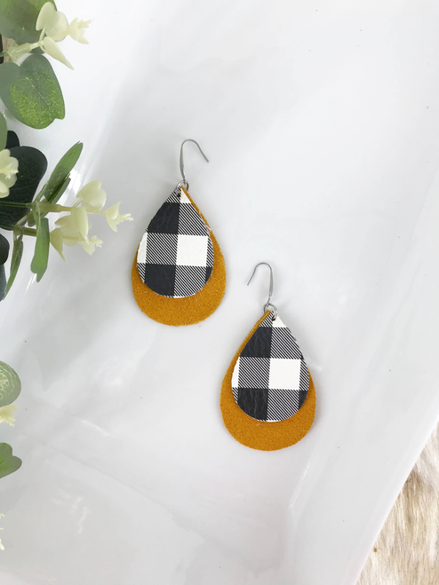 Mustard Suede Leather and Buffalo Plaid Leather Earrings 