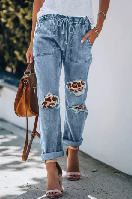 Bright Plaid Patches Cotton Pocketed Denim Jeans