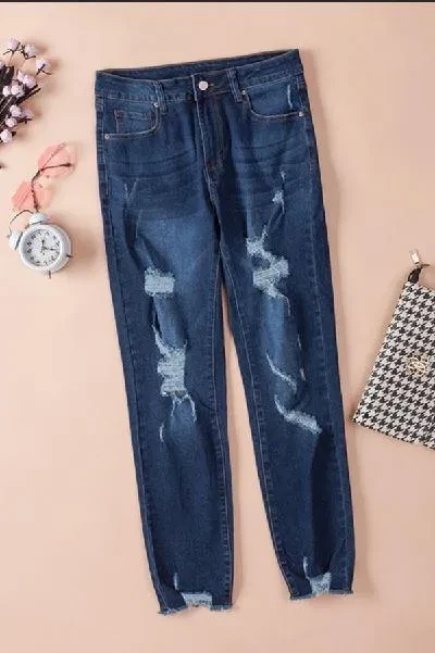 High Waist Cropped Distressed Ripped Jeans