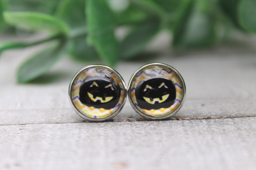Jack-O-Lantern on Chevron | Glass Stud Earrings | Hypoallergenic