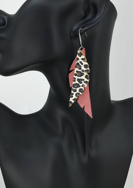 Salmon and Cheetah Genuine Leather Earrings 
