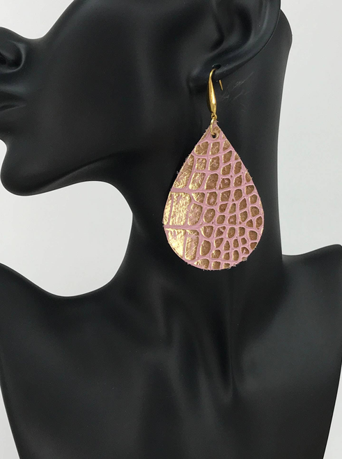 Gold and Pink Genuine Leather Earrings 