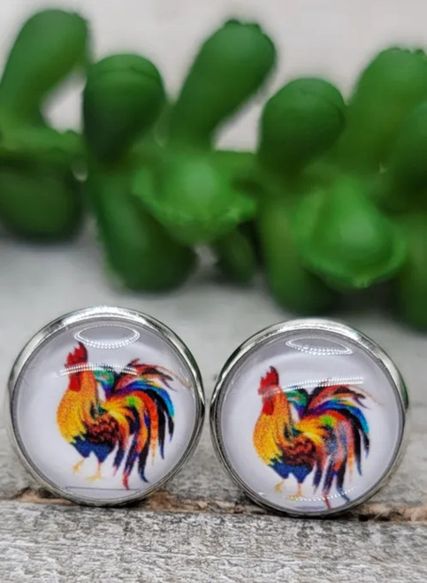 Colorful Rooster || Glass Stud Earrings || Hypoallergenic
