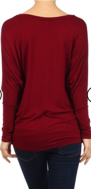 Long Sleeve Dolman Basic Tunic Top Burgundy