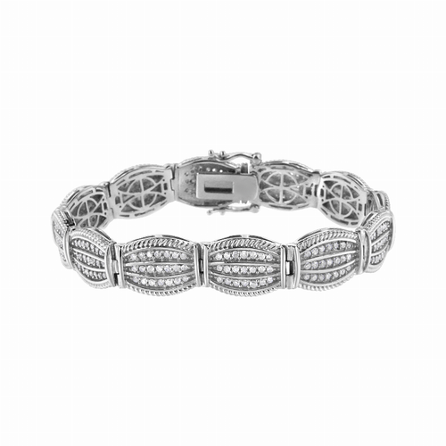.925 Sterling Silver 3 Carat Total Weight Diamond Art-Deco Style Link Bracelet  - 7.25"