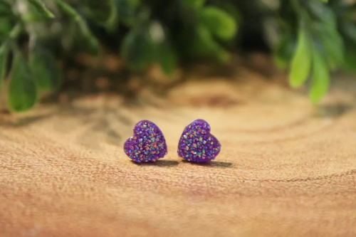 Glitz Purple Druzy Heart Stud Earrings *Mini*