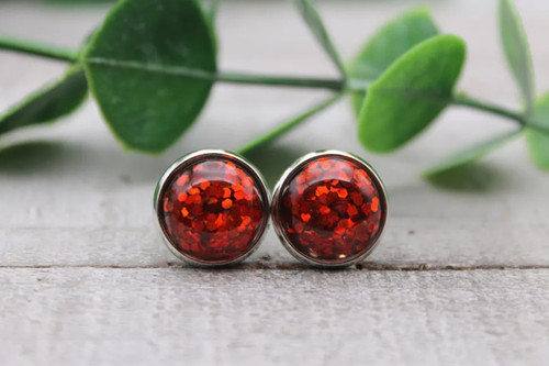 Red Glitter Confetti | Druzy Stud Earrings | Hypoallergenic