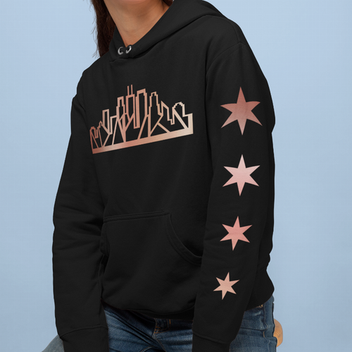 Chicago Skyline Hoodie with Outline & Matching Stars on Sleeve