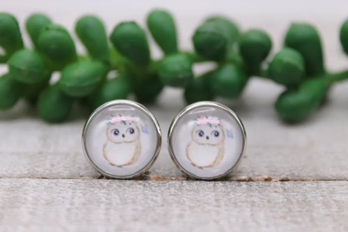 Cute Floral Owl || Glass Stud Earrings || Hypoallergenic