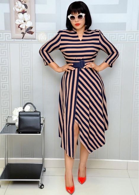 Striped V-Neck Long Sleeve Big Swing Dresses