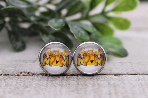 Softball MOM Leopard Stud Earrings
