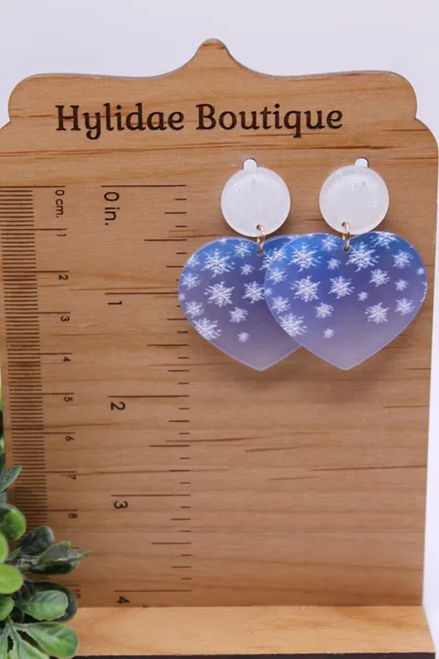 Blue Frosted Heart with Snowflakes || Dangle Earrings