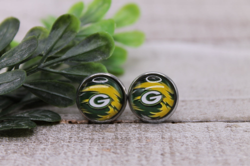 Packers Football - Green/Yellow || 12mm Glass Stud Earrings