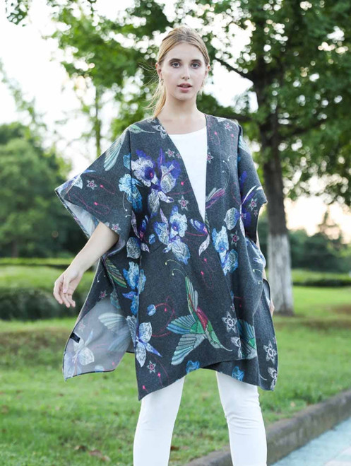 Cashmere Blend Charcoal-Multi Floral Ruana/Poncho