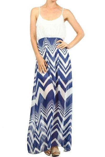 Duo Fabric Chevron Print Scoop Neck Spaghetti Straps Maxi Dress